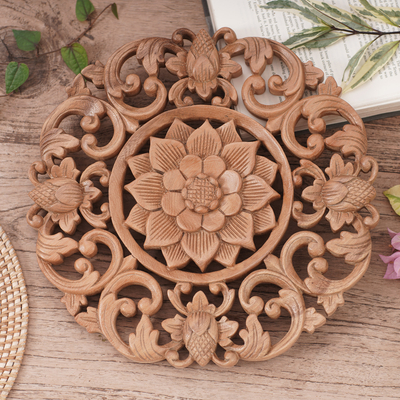 Wood wall relief panel, 'Peaceful Lily' - Hand Carved Suar Wood Lily Wall Hanging from Bali