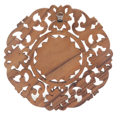 Wood wall relief panel, 'Peaceful Lily' - Hand Carved Suar Wood Lily Wall Hanging from Bali