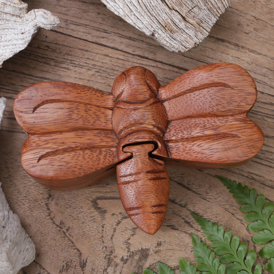 Wood puzzle box, 'Dragonfly' - Handmade Indonesian Dragonfly Suar Wood Decorative Box