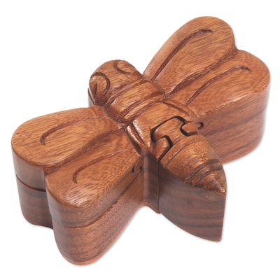caja de rompecabezas de madera - Caja decorativa de madera de suar de libélula indonesia hecha a mano