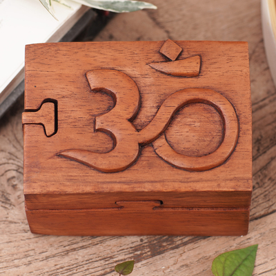 Hand Carved Wood Puzzle Box Om Symbol from Indonesia - Om Protector