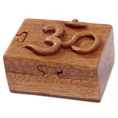 Wood puzzle box, 'Om Protector' - Hand Carved Wood Puzzle Box Om Symbol from Indonesia