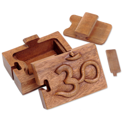 Wood puzzle box, 'Om Protector' - Hand Carved Wood Puzzle Box Om Symbol from Indonesia