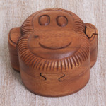 Wood puzzle box, 'Happy Monkey' - Hand Made Wood Puzzle Box Monkey Face from Indonesia