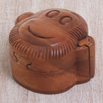 Wood puzzle box, 'Happy Monkey' - Hand Made Wood Puzzle Box Monkey Face from Indonesia