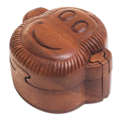 Wood puzzle box, 'Happy Monkey' - Hand Made Wood Puzzle Box Monkey Face from Indonesia