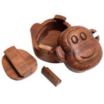 Wood puzzle box, 'Happy Monkey' - Hand Made Wood Puzzle Box Monkey Face from Indonesia