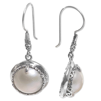 Cultured pearl dangle earrings, 'Perfect Twin Moons' - Round Cultured Pearl Dangle Earrings Handmade in Indonesia