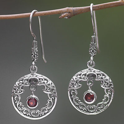 Garnet dangle earrings, 'Cage of the Sun' - Garnet Dangle Earrings Hand Crafted in Indonesia