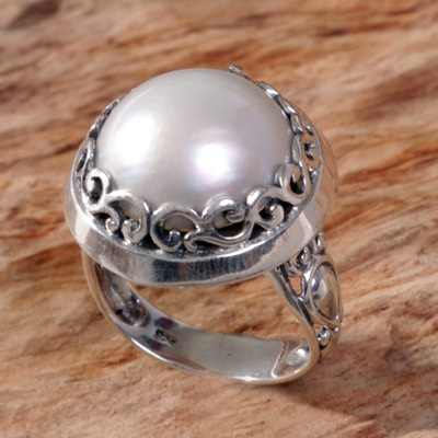 Cultured pearl cocktail ring, 'Call it Grace' - Cultured Mabe Pearl on 925 Silver Cocktail Ring from Bali
