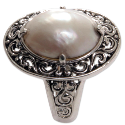Cultured mabe pearl cocktail ring, 'Monument of Grace' - Cultured Mabe Pearl Ring Hand Crafted in Indonesia