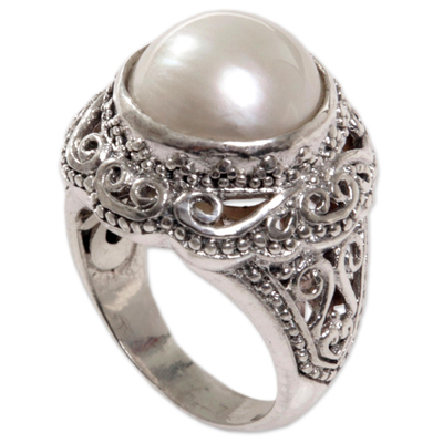 Cultured mabe pearl cocktail ring, 'Magical White' - Cultured Mabe Pearl Ring Hand Crafted in Indonesia