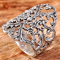 Sterling silver cocktail ring, 'Heart and Blossom'