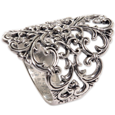 Sterling silver cocktail ring, 'Heart and Blossom' - Sterling Silver Heart and Flower Ring Hand Crafted Indonesia