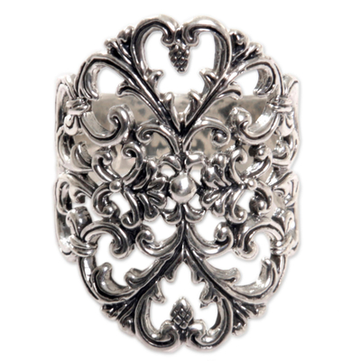 Sterling silver cocktail ring, 'Heart and Blossom' - Sterling Silver Heart and Flower Ring Hand Crafted Indonesia