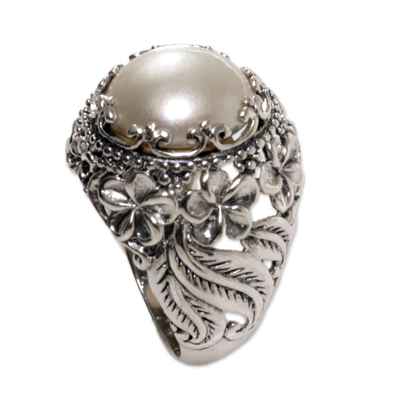 Cultured mabe pearl flower cocktail ring, 'Freedom Flower' - Cultured Mabe Pearl Flower Cocktail Ring Made in Indonesia