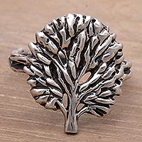 Sterling silver cocktail ring, 'Weeping Fig' - Artisan Signed Sterling Silver Cocktail Ring with Tree Motif