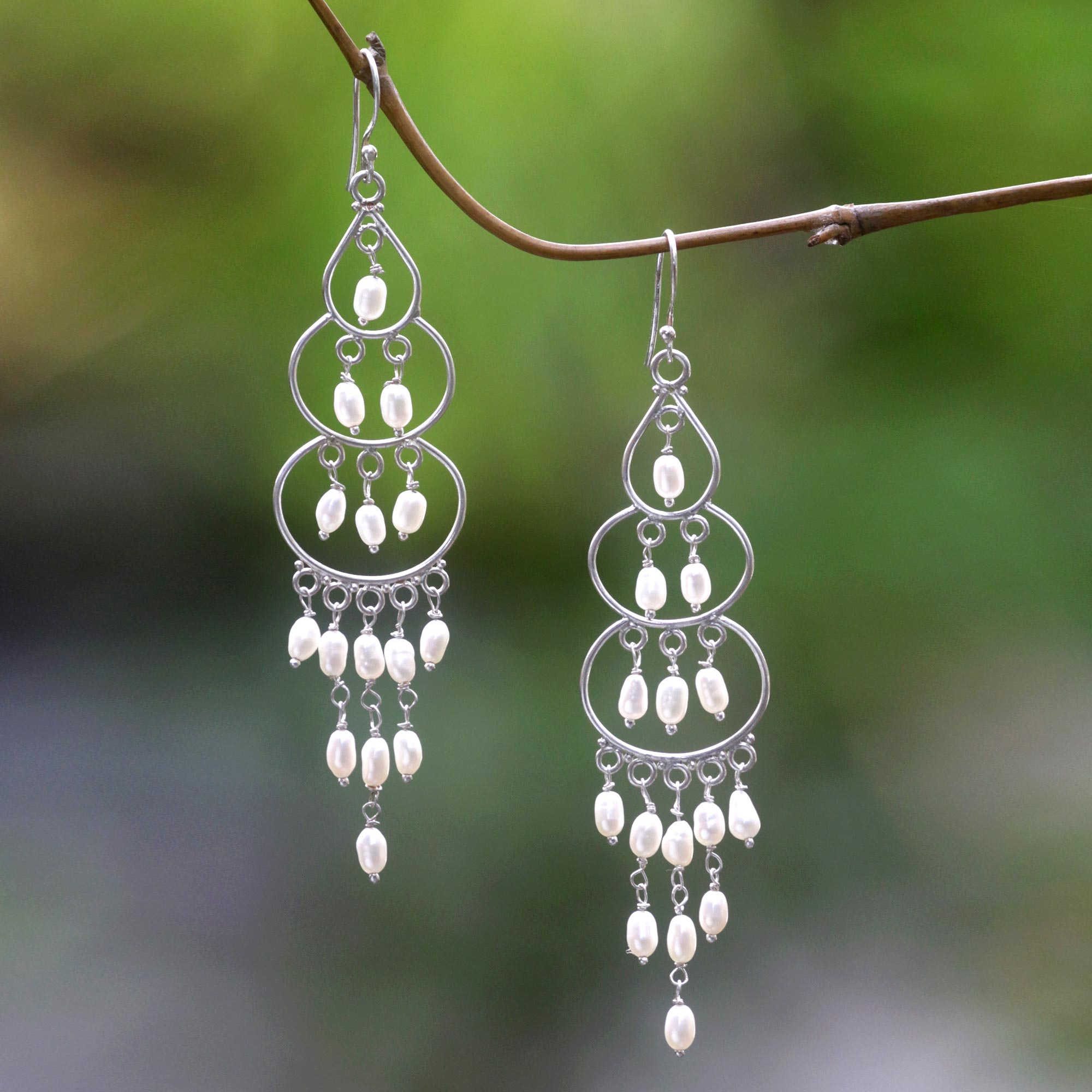 Sterling Silver Cultured Pearl Chandelier Earrings Indonesia - Moonlit Orbs  | NOVICA