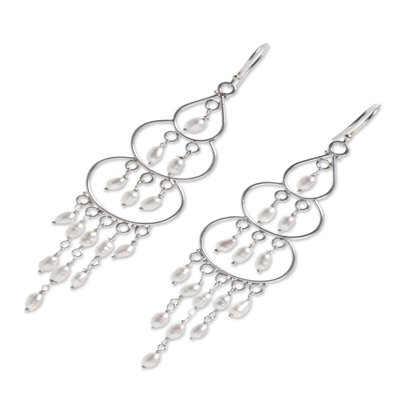 Cultured pearl chandelier earrings, 'Moonlit Orbs' - Sterling Silver Cultured Pearl Chandelier Earrings Indonesia