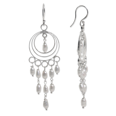 Cultured pearl chandelier earrings, 'Moonlit Circles' - Sterling Silver and Cultured Pearl Chandelier Earrings