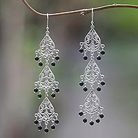 Onyx dangle earrings, 'Serene Dawn' - Sterling Silver Onyx Dangle Earrings from Indonesia