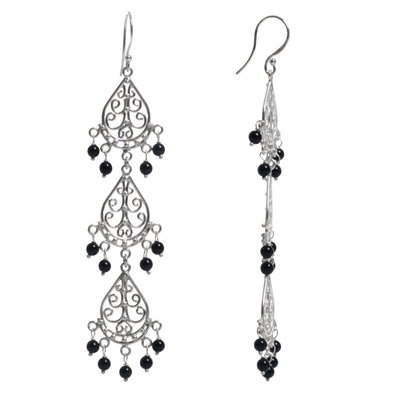 Onyx dangle earrings, 'Serene Dawn' - Sterling Silver Onyx Dangle Earrings from Indonesia