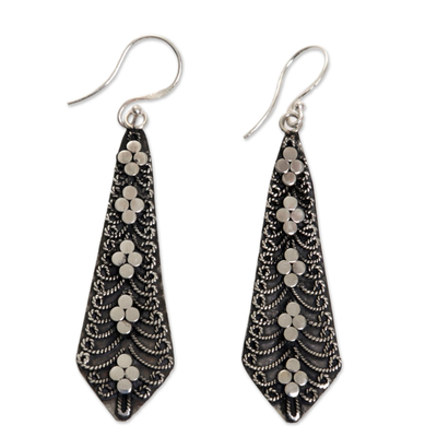 Sterling silver dangle earrings, 'Flower Sword' - Dangling Silver Earrings Adorned With Balinese Motifs
