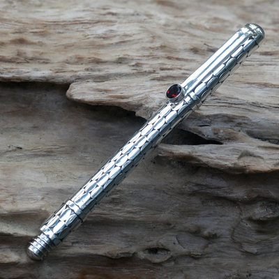 Sterling silver and garnet ballpoint pen, 'Garnet Gleam' - Handmade Indonesian Sterling Silver and Garnet Ballpoint Pen