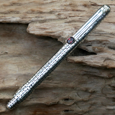 Bolígrafo de plata de ley y granate - Bolígrafo de plata esterlina hecho a mano de Indonesia
