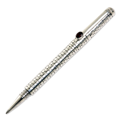 Sterling silver and garnet ballpoint pen, 'Silver Bubbles' - Handmade Sterling Silver Ballpoint Pen from Indonesia