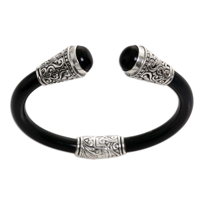 Onyx cuff bracelet, 'Deep Romance' - Onyx Sterling Silver Rubber Cuff Bracelet from Indonesia