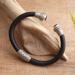 Garnet cuff bracelet, 'Untouched Romance' - Garnet Sterling Silver Rubber Cuff Bracelet from Indonesia