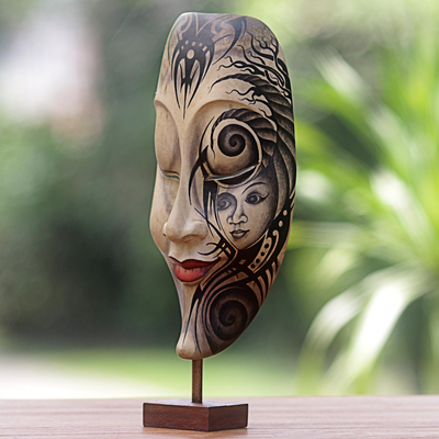 Hibiscus wood mask, 'Bewitched' - Hand Carved Hibiscus Wood Mask with Stand