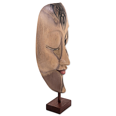 Hibiscus wood mask, 'Bewitched' - Hand Carved Hibiscus Wood Mask with Stand