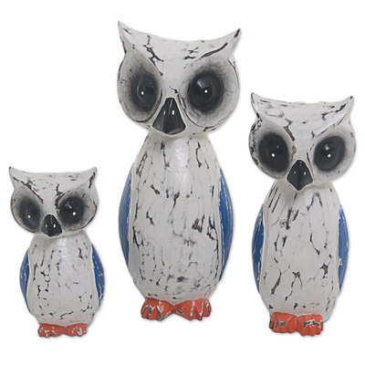 Wood sculptures, 'Wise Family' (set of 3) - Hand Carved Wood Owl Sculptures (Set of 3) from Indonesia