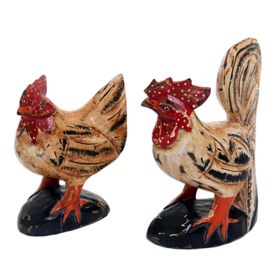 Wood sculptures, 'Chicken Couple in Beige' (pair) - Hand Carved Wood Chicken Sculptures in Beige (Pair)