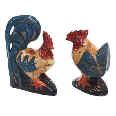 Wood sculptures, 'Chicken Couple' (pair) - Wood Chicken Sculptures Blue Red (Pair) from Indonesia