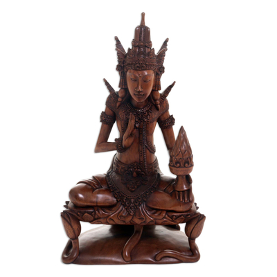 Wood sculpture, 'Agni on Lotus' - Hand Crafted Suar Wood Agni Statuette from Indonesia