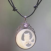 Amethyst and bone pendant necklace, 'Nighttime Owl' - Bone Sterling Silver Amethyst Pendant Necklace Indonesia