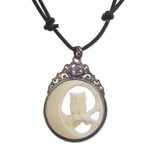 Amethyst and bone pendant necklace, 'Nighttime Owl' - Bone Sterling Silver Amethyst Pendant Necklace Indonesia