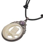 Amethyst and bone pendant necklace, 'Nighttime Owl' - Bone Sterling Silver Amethyst Pendant Necklace Indonesia