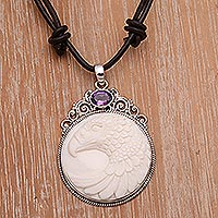 Amethyst and bone pendant necklace, 'Watchful Eagle' - Bone and Amethyst Pendant Necklace Eagle from Indonesia
