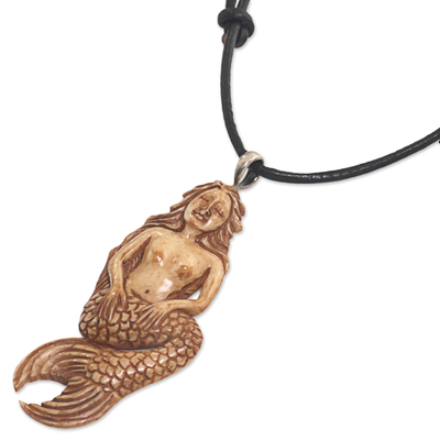 Bone pendant necklace, 'Mellow Mermaid' - Hand Made Bone Pendant Necklace Mermaid from Indonesia
