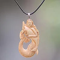 Bone pendant necklace, 'Mermaid and Dolphin' - Hand Made Bone Pendant Necklace Mermaid Dolphin Indonesia