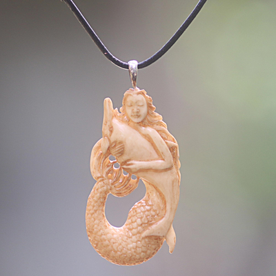 Bone pendant necklace, Mermaid and Dolphin
