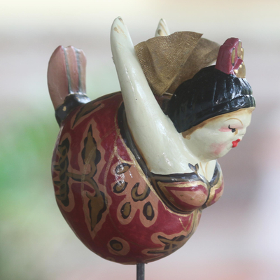 Wood sculpture, 'Flying Lady in Maroon' - Wood Sculpture Flying Woman Ivory and Red from Indonesia