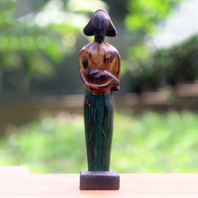 Wood sculpture, 'Lovely Mother' (12.5 inch) - Lovely Mother and Child Sculpture in Hand Carved Wood