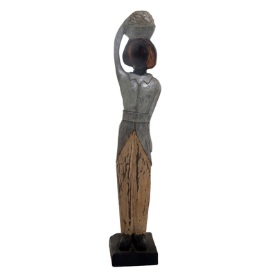 Wood statuette, 'Balinese Lady' - Hand Carved Antiqued Albesia Wood Sculpture from Bali