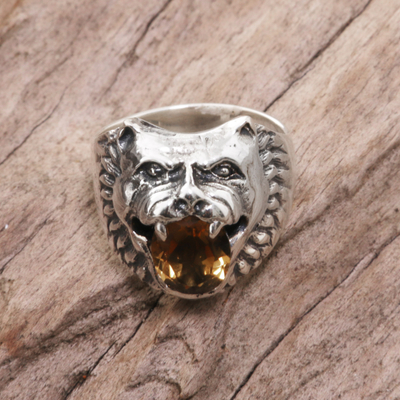 Citrine cocktail ring, 'Fierce Wolf' - Sterling Silver Citrine Cocktail Ring Wolf Face Indonesia