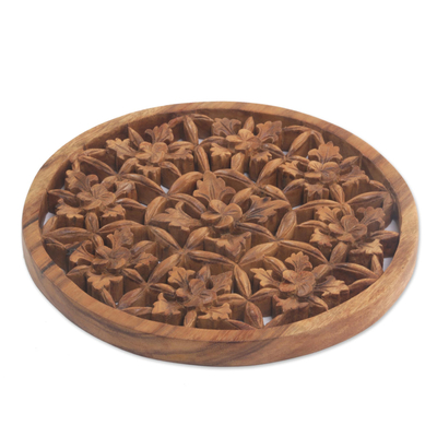 Wood relief panel, 'Jepun Garden' - Hand Carved Wood Relief Panel Floral Motif from Indonesia